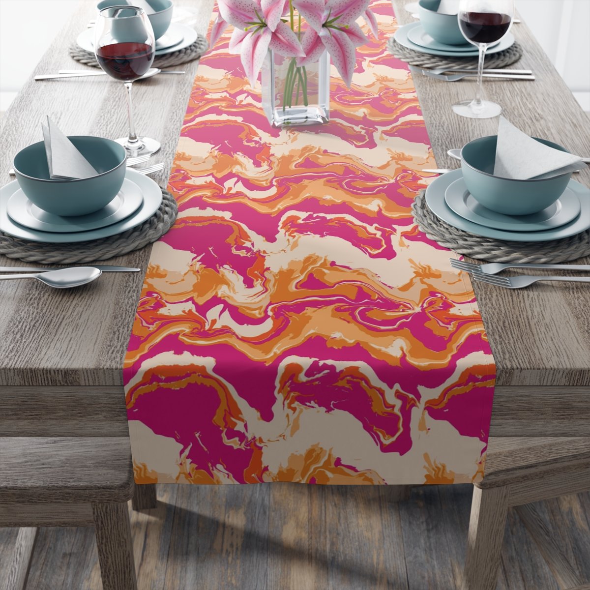 Camouflage Wavy Liquid Tie Dye Marble Pink Dining Table Runners - Image 20