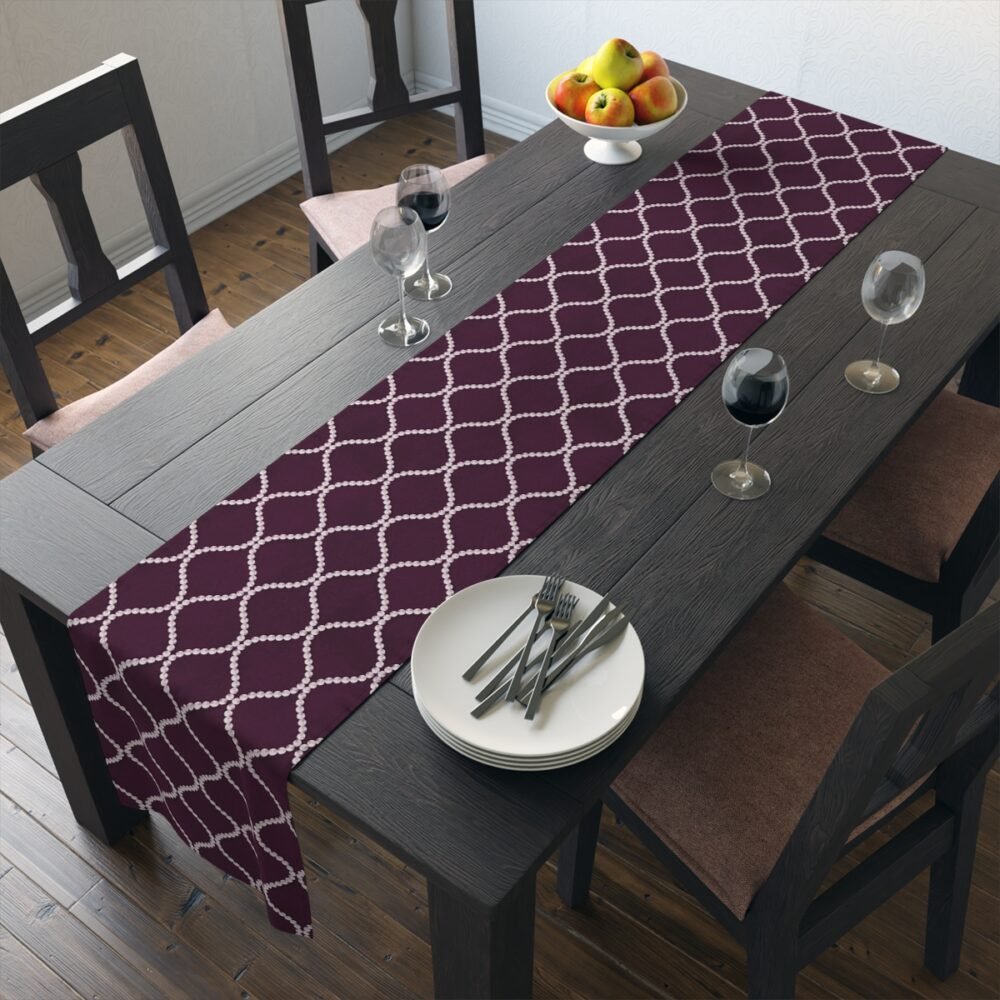 Printed Wavy Line Pearls Dark Purple Dining Table Runners - Image 19