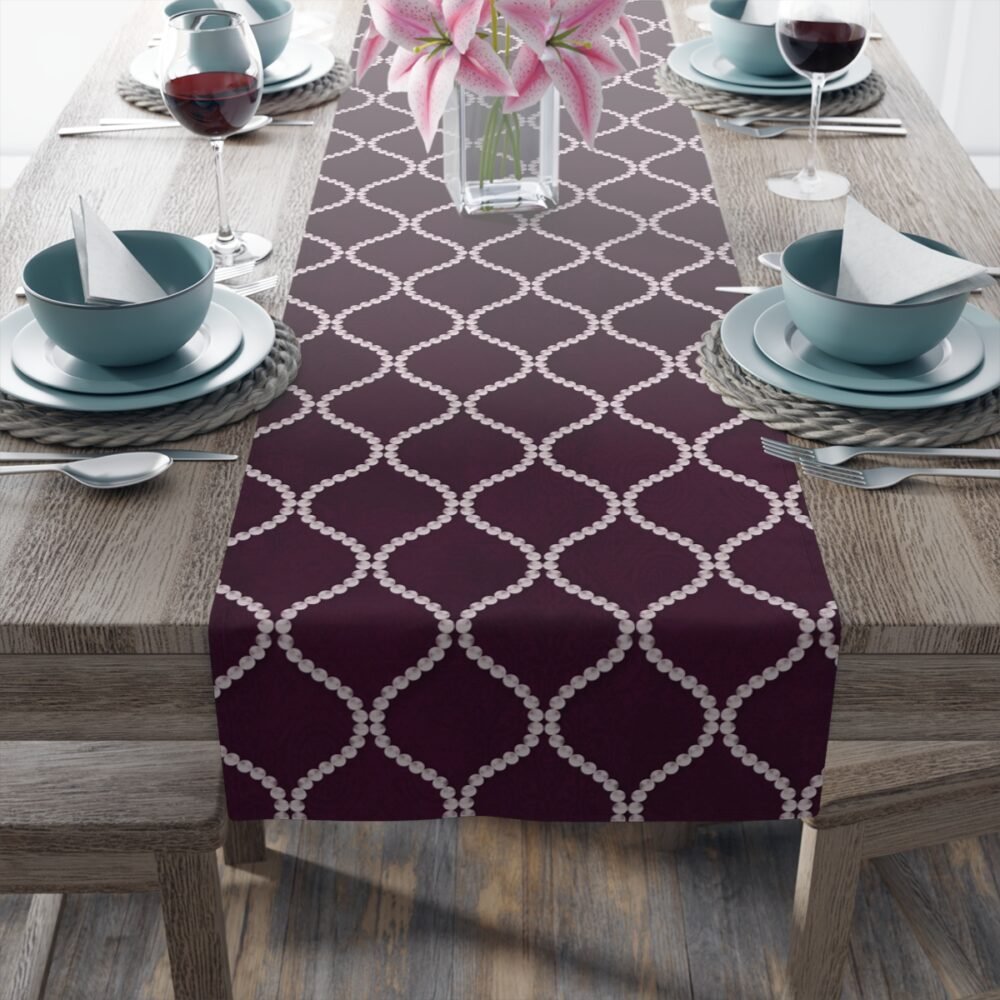 Printed Wavy Line Pearls Dark Purple Dining Table Runners - Image 20
