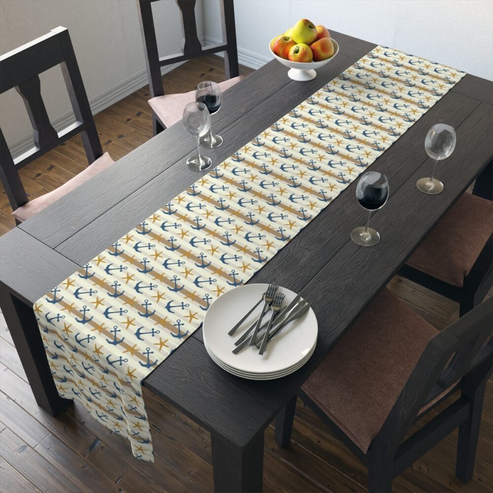 Nautical Anchor and Starfish Print on White Table Runners - Image 19
