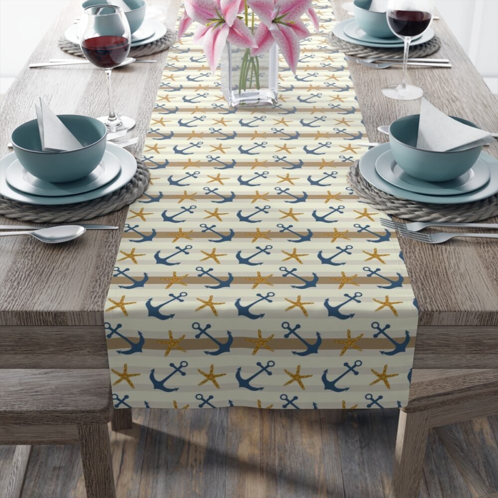 Nautical Anchor and Starfish Print on White Table Runners - Image 20