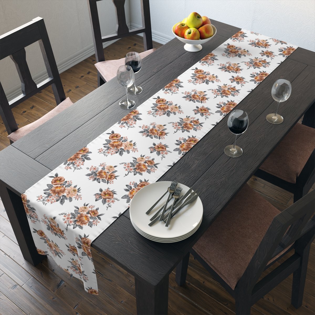 Brown Flower Print on White 4, 6 Seaters Table Runners