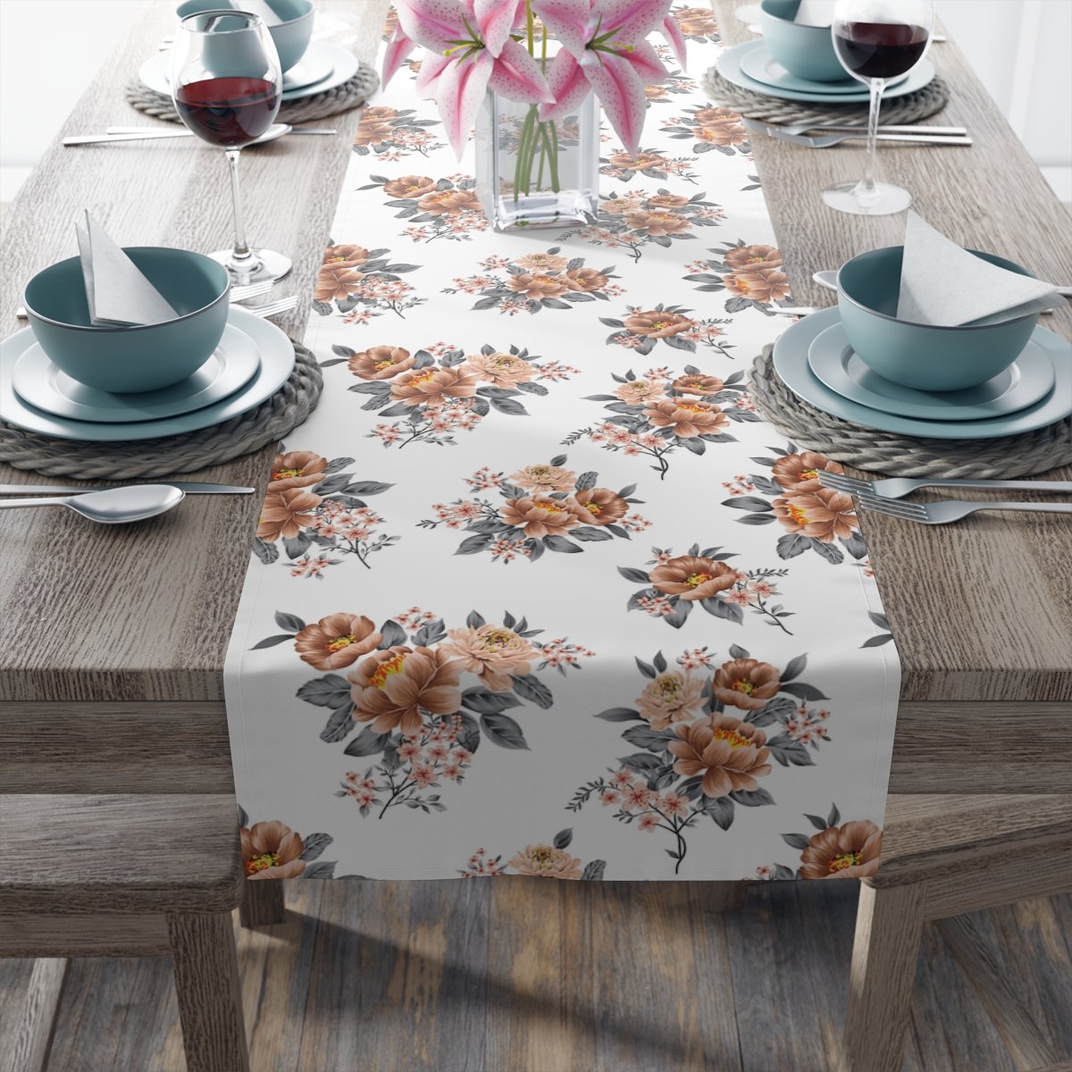 Brown Flower Print on White 4, 6 Seaters Table Runners - Image 5