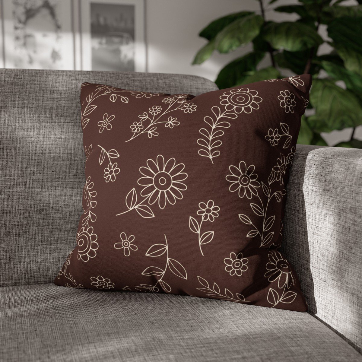 Hand Drawn Floral Print on Black Throw Pillow Covers - Image 4