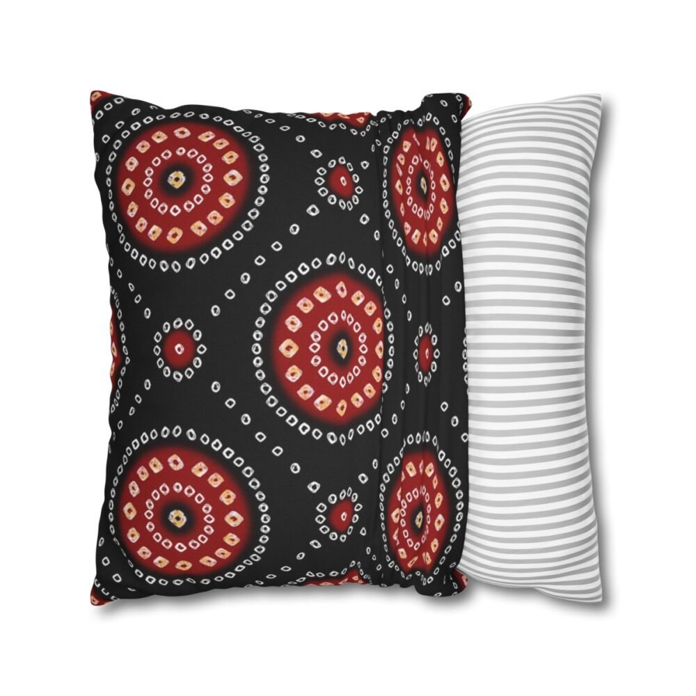 Geometric Circle Bandhani Print on Black Throw Pillow Covers - Image 2