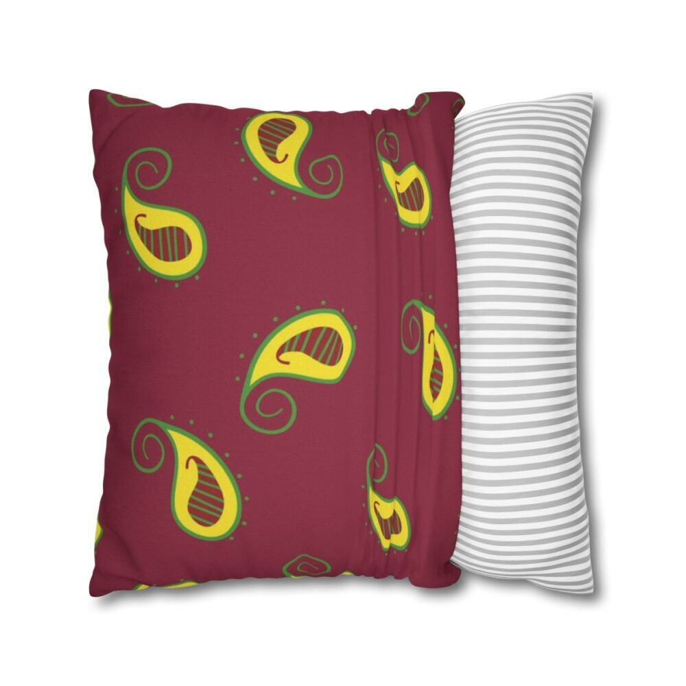 Stylish Yellow Paisley Pattern on Maroon Throw Pillow Covers - Image 2