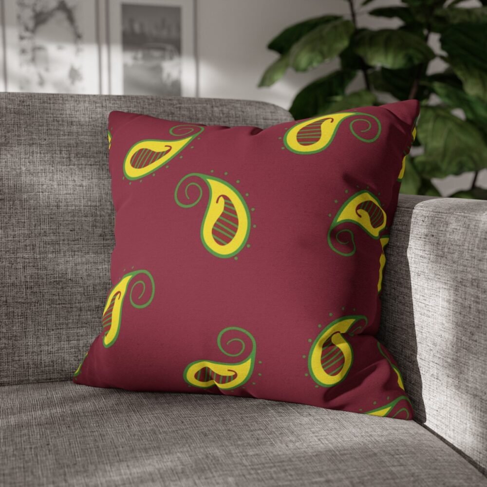 Stylish Yellow Paisley Pattern on Maroon Throw Pillow Covers - Image 4