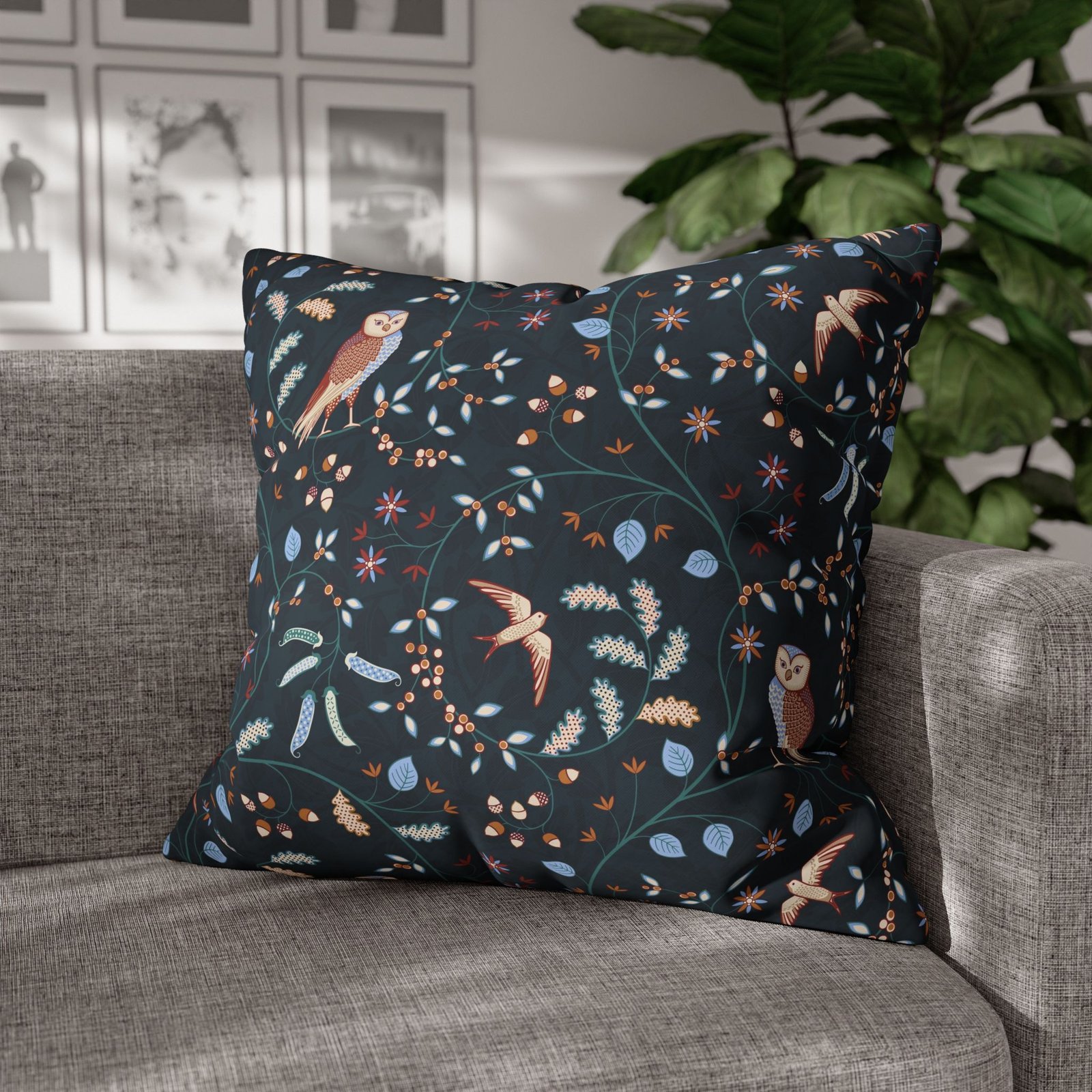 William Morris Style Floral n Birds Print on Dark Blue Euro Shams - Image 4