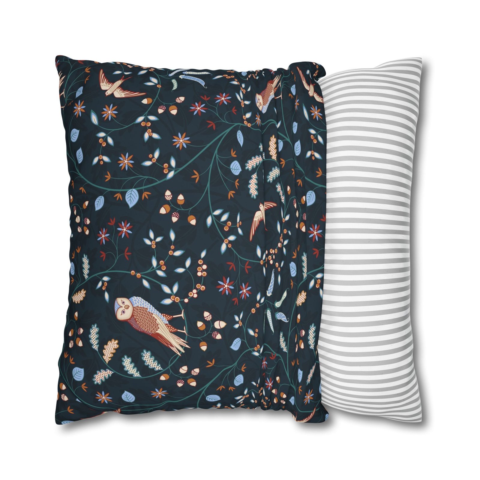 William Morris Style Floral n Birds Print on Dark Blue Euro Shams - Image 2