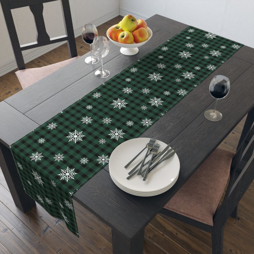Snowflakes Print on Cute Green Checkered Holiday Table Runners - Image 6