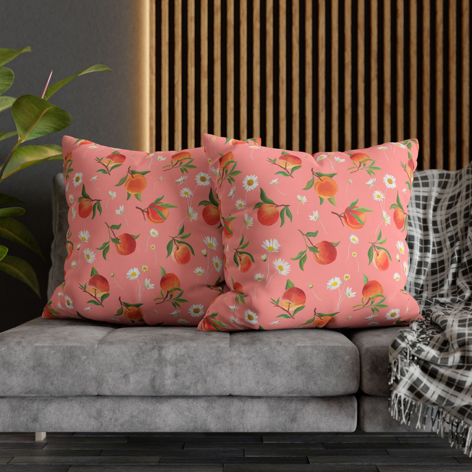 Peach Pattern with Daisy Print Pink Euro Pillow Shams - Image 5