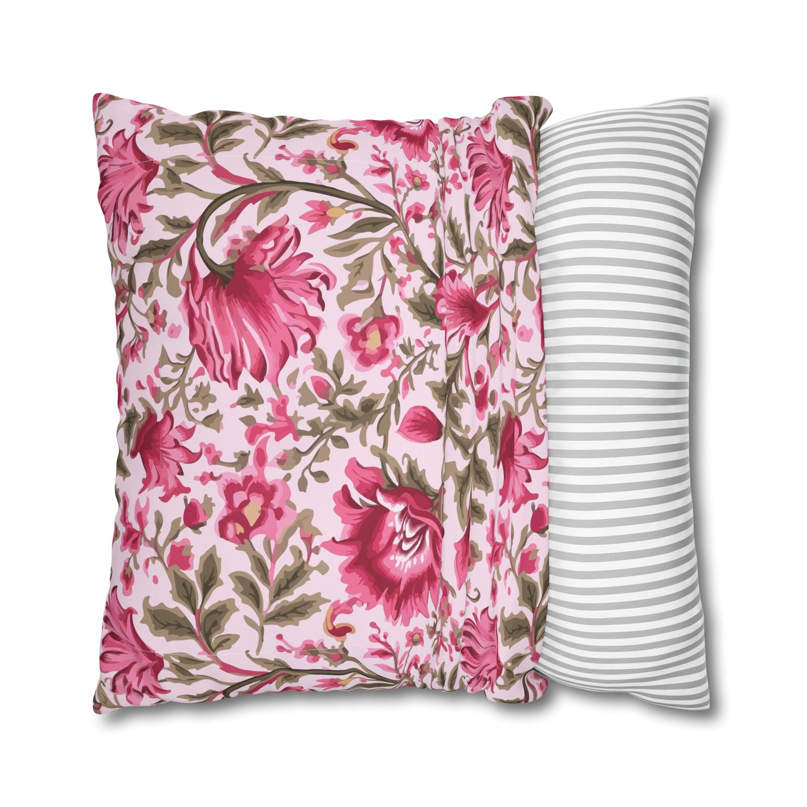 Elegant Green and Pink Floral Print Polyester Euro Pillow Covers - Image 3