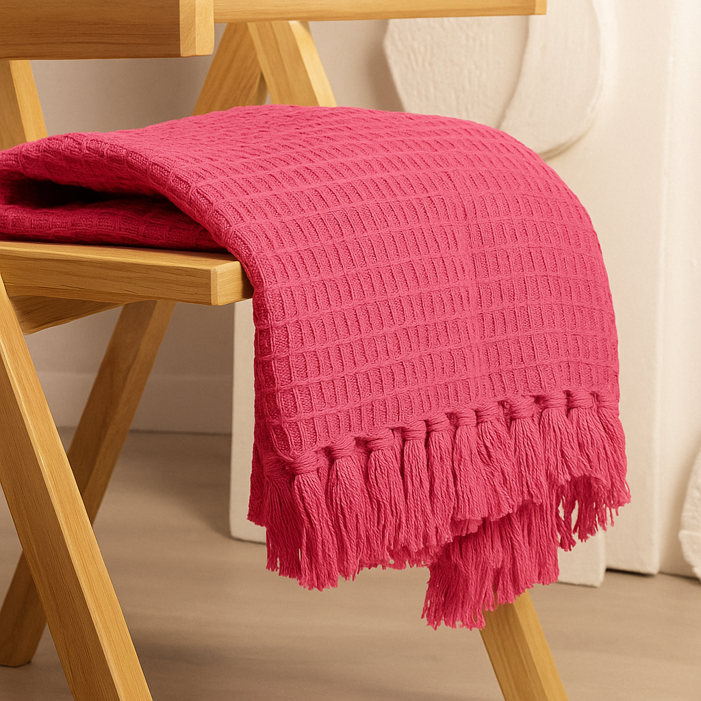 Pink Waffle Knit Cotton Throw Blanket with Tassels - Image 2