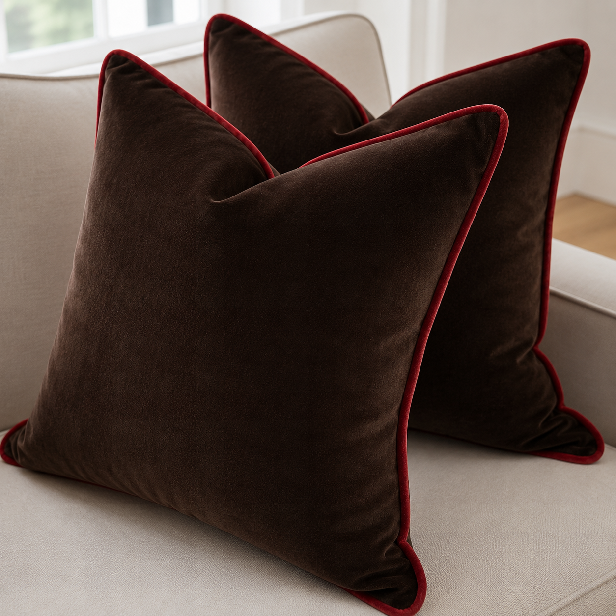 Handmade Dark Brown Velvet Cushion Cover with Contrasting Piped Edge | Pack of 1