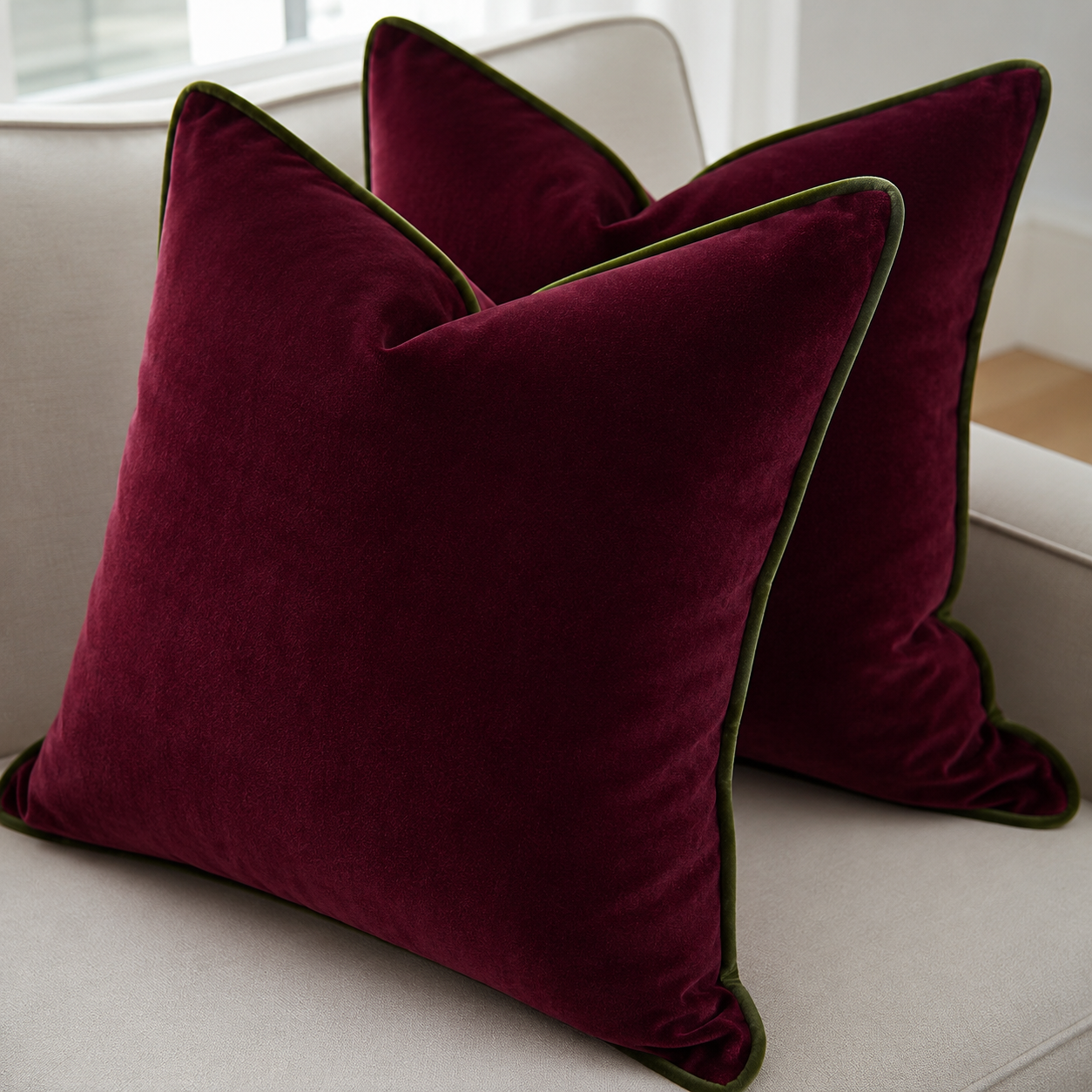 Handmade Deep Maroon Velvet Cushion Cover with Contrasting Piped Edge | Pack of 1