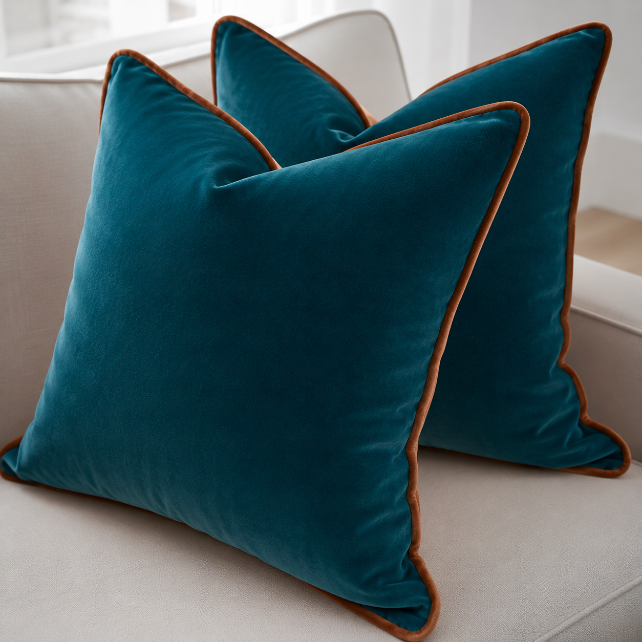 Handmade Teal Blue Velvet Cushion Cover with Contrasting Piped Edge | Pack of 1