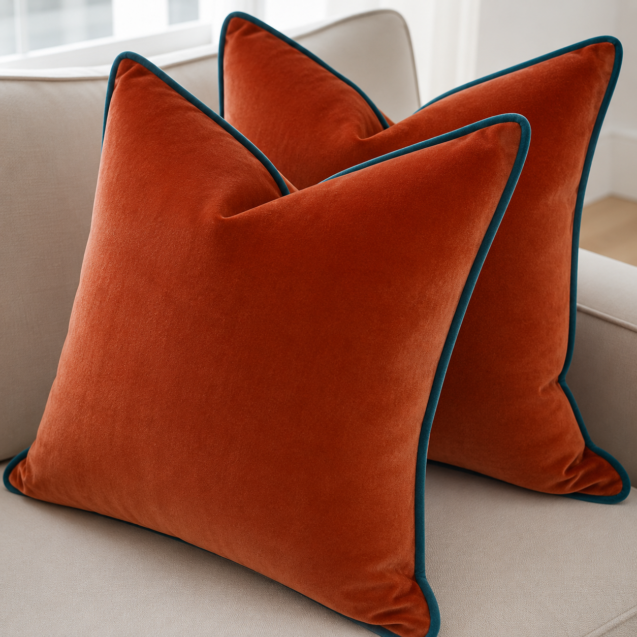 Handmade Terracotta Velvet Cushion Cover with Contrasting Piped Edge | Pack of 1
